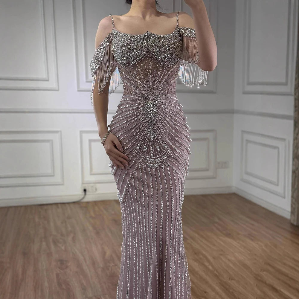 Luxury Sage Green Pearls Beaded Mermaid Evening Dress Off Shoulder LA73148 - SERENE HILL