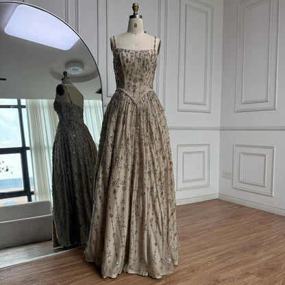 Luxury Sage Green Beaded A-Line Spaghetti Strap Evening Dress LA72805 - SERENE HILL