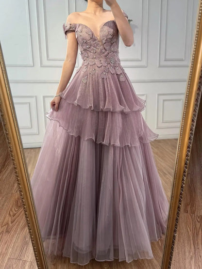 Luxury Pink Dreamy Ruffles Beaded A-Line Evening Dress LA73385 - SERENE HILL