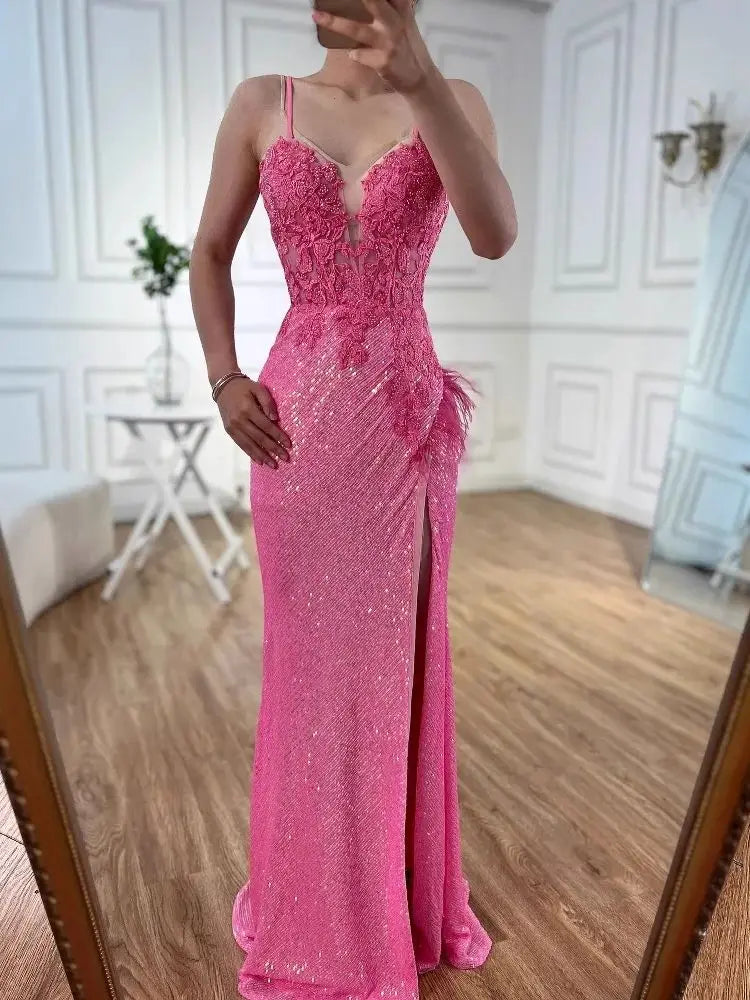 Luxury Pink Feather Beaded Mermaid Prom Dress with Slit LA72987 - SERENE HILL