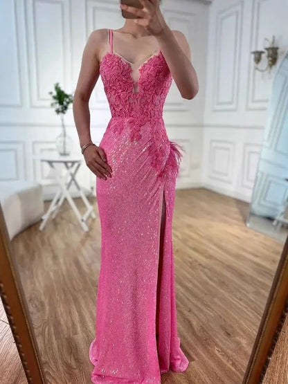 Luxury Pink Feather Beaded Mermaid Prom Dress with Slit LA72987 - SERENE HILL