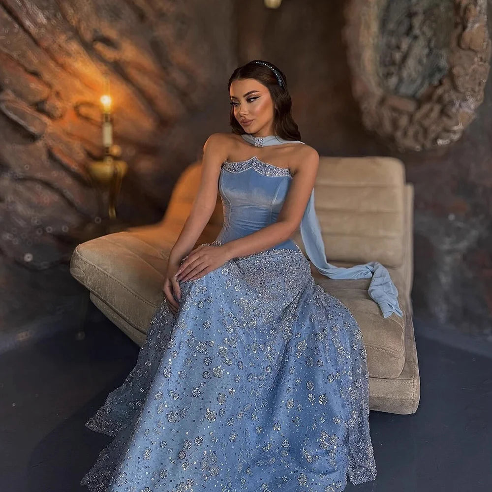 Luxury Blue Beaded A-Line Evening Dress 2025 Formal Gown LA73050B - SERENE HILL