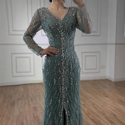 Luxury Turquoise Crystal Beaded Evening Dress Elegant Slit Gown LA73179 - SERENE HILL