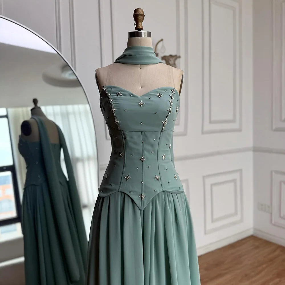 Classy Sage Green A-Line Chiffon Evening Dress LA73073 - SERENE HILL