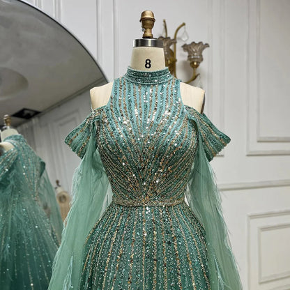 Serene Hill 2025 Arabic Turquoise Cape Sleeves A-Line Beaded Feathers Long Evening Gowns for Women Wedding Party LA72644 - SERENE HILL