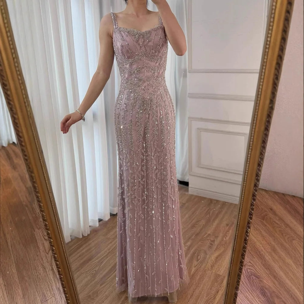 Luxury Arabic Blue Spaghetti Strap Mermaid Evening Dress Beaded LA72725 - SERENE HILL