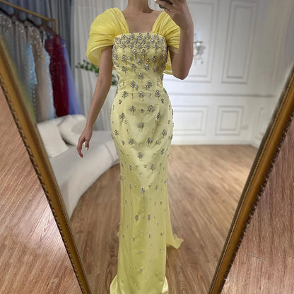 Luxury Dubai Elegant Yellow Saudi Arabic Ankle Length Evening Gown Beaded Dress for Formal Occasion LA72756 - SERENE HILL