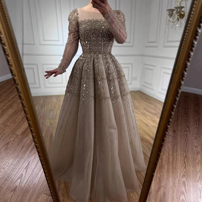 Luxury Caramel A-Line Beaded Evening Dress with Long Sleeves LA73077 - SERENE HILL