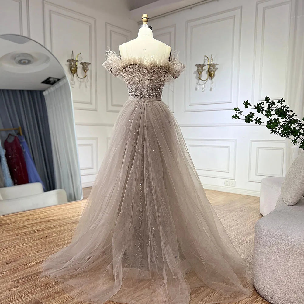 Luxury Dubai Saudi Arabic Beaded Caramel Mermaid Elegant Evening Dresses Gowns with Overskirt for Formal Occasion LA71634A - SERENE HILL
