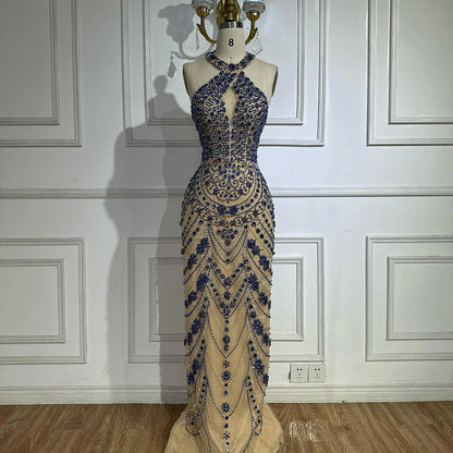 Luxury Blue Halter Crystal Beaded Evening Dress LA72760 - SERENE HILL