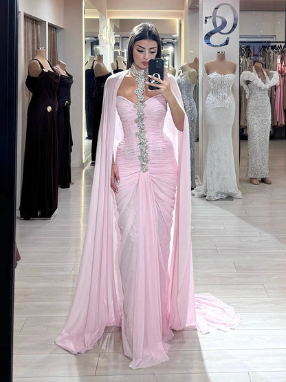 Luxury Pink Halter Crystal Beaded Evening Dress with Cape LA73374 - SERENE HILL