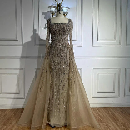Luxury Modest Caramel Beaded Mermaid Evening Dress with Overskirt LA72710A - SERENE HILL
