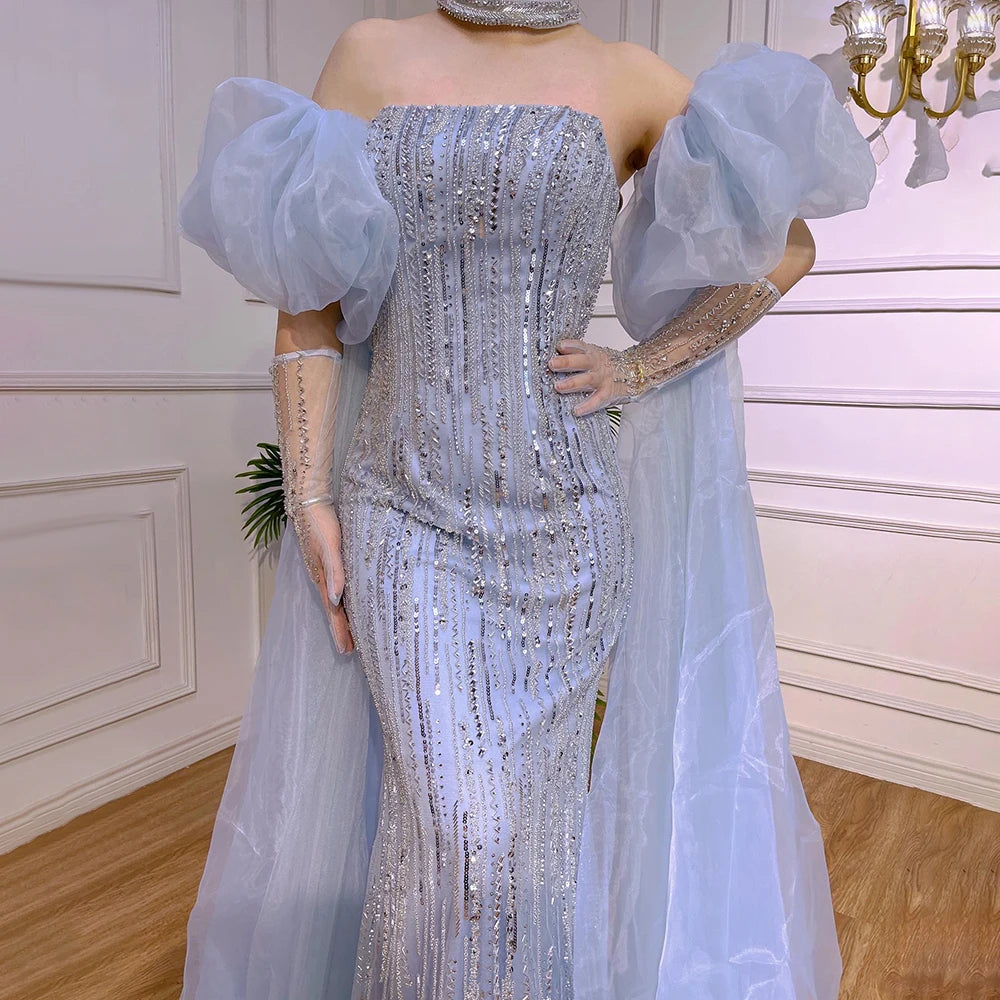 Luxury Dubai Arabic Blue Mermaid Balloon Sleeves Beaded Evening Dresses LA71823 - SERENE  HILL