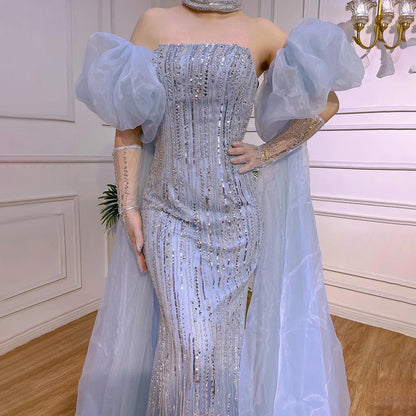 Luxury Dubai Arabic Blue Mermaid Balloon Sleeves Beaded Evening Dresses LA71823 - SERENE  HILL