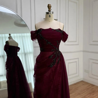 Elegant Wine Red Off Shoulder Lace Evening Dress with Appliques LA73010 - SERENE HILL