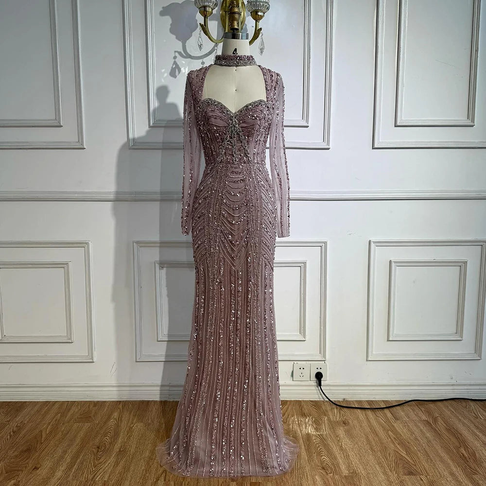 Caramel Beaded Mermaid Evening Dress with Long Sleeves LA72560B - SERENE HILL