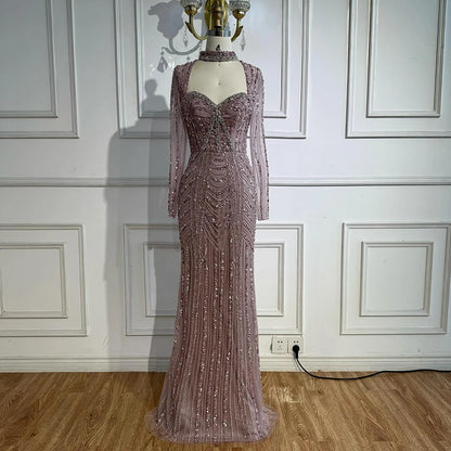 Caramel Beaded Mermaid Evening Dress with Long Sleeves LA72560B - SERENE HILL