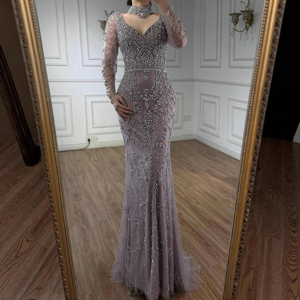 Luxury Caramel Beaded Crystal Mermaid Evening Dress Long Sleeves LA73042B - SERENE HILL