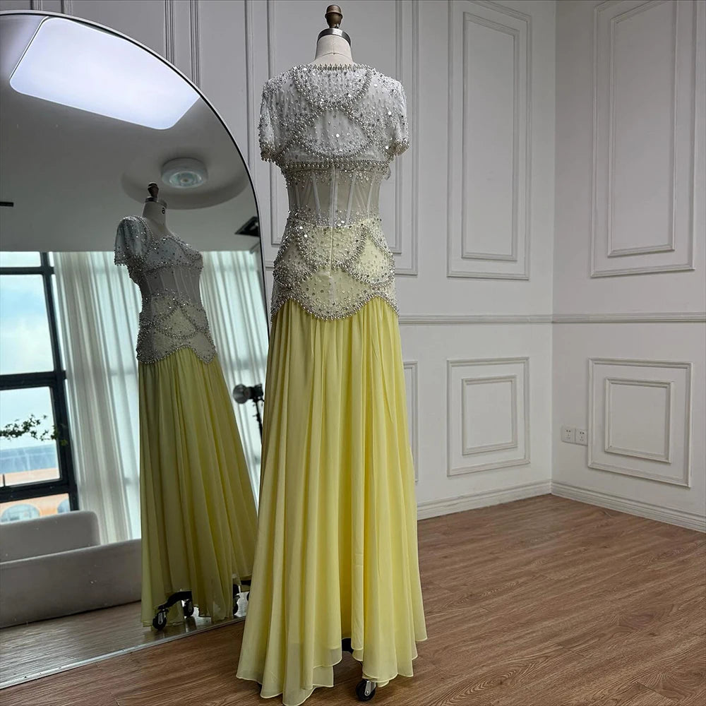 Luxury Yellow Pearls A-Line Evening Dress with Flowing Coat LA72978 - SERENE HILL