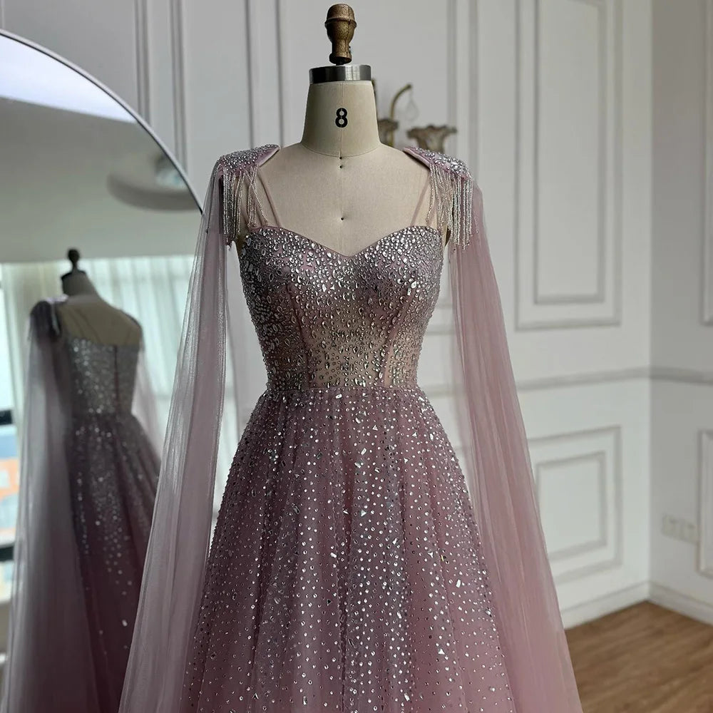 Luxury Pink Tulle Beaded A-Line Evening Dress with Cape Sleeves LA73072 - SERENE HILL
