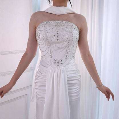 White Beaded Evening Dress with Gloves LA73086 - SERENE HILL