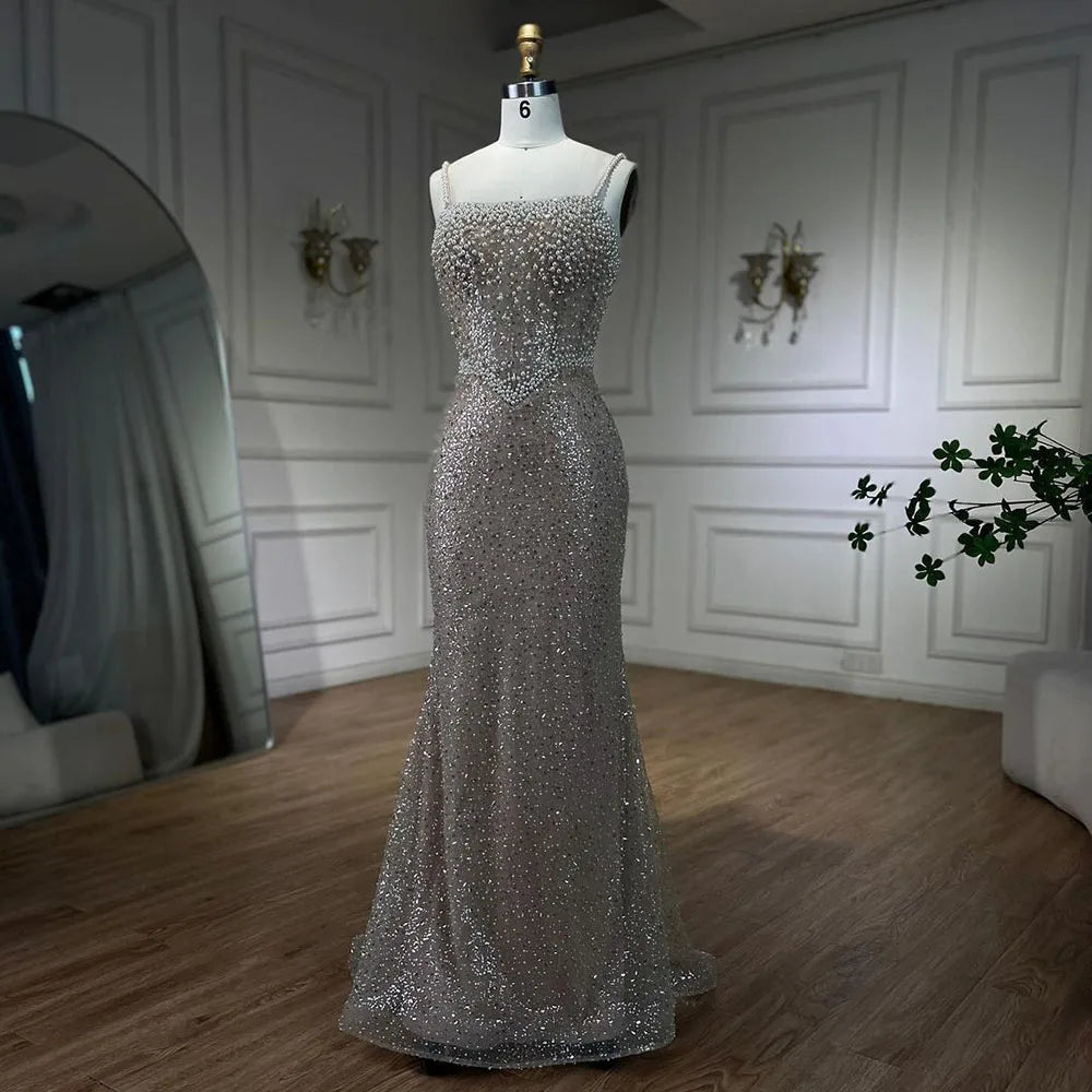 Serene Hill Nude Mermaid Evening Gown - Elegant, Luxurious, Pearls Beaded. Perfect for Women&