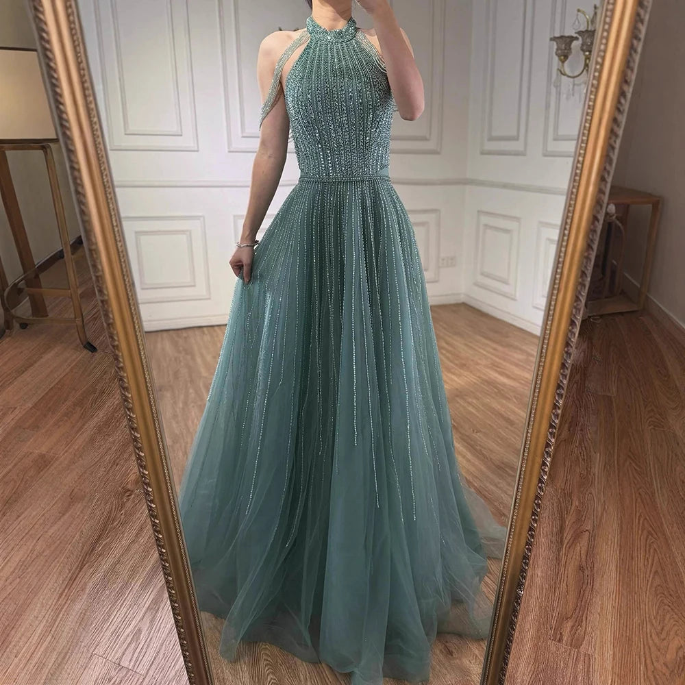 Luxury Arabic Blue Sequin Tassel Halter A Line Evening Dress LA72227 - SERENE HILL