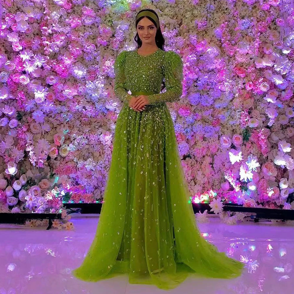 Green Mermaid Elegant With Skirt Sleeves Beaded Evening Dresses Gowns For Party LA71762 - SERENE HILL