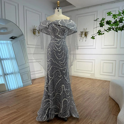Luxury Gray Sequin Evening Dress with Cape Sleeves LA73125B - SERENE HILL