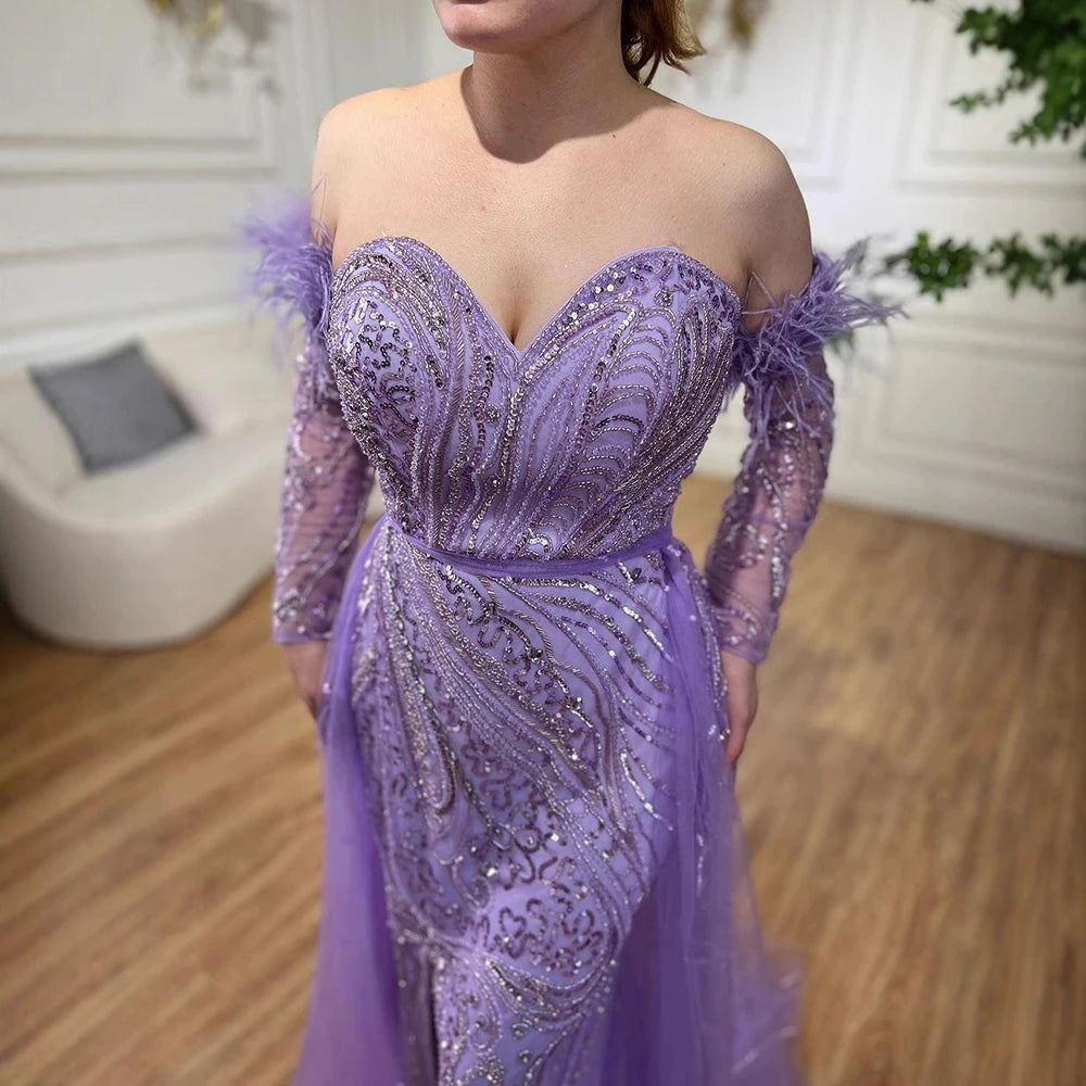 Luxury Arabic Nude Mermaid High Split Feather Beaded Evening Dress LA71910 - SERENE HILL