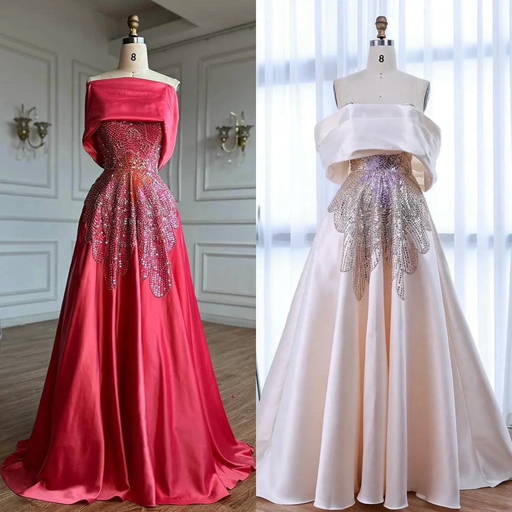 Luxury Pink Satin A-Line Beaded Evening Dress LA72195A - SERENE HILL