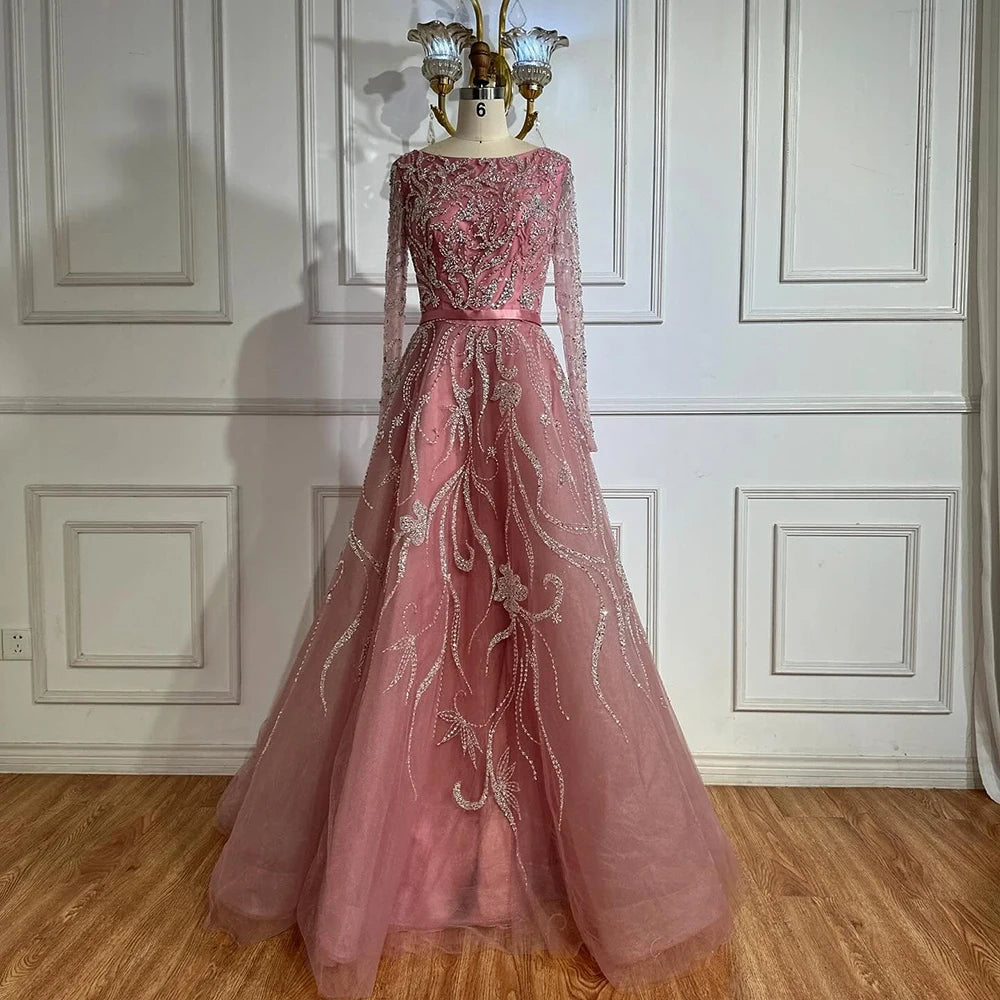 Muslim Nude A-Line Beaded Evening Dress with Long Sleeves LA71596A - SERENE HILL