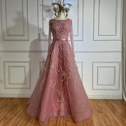 Muslim Nude A-Line Beaded Evening Dress with Long Sleeves LA71596A - SERENE HILL