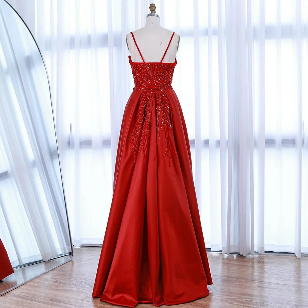 Luxury Red Beaded High Slit Evening Gown with Overskirt LA72936 - SERENE HILL