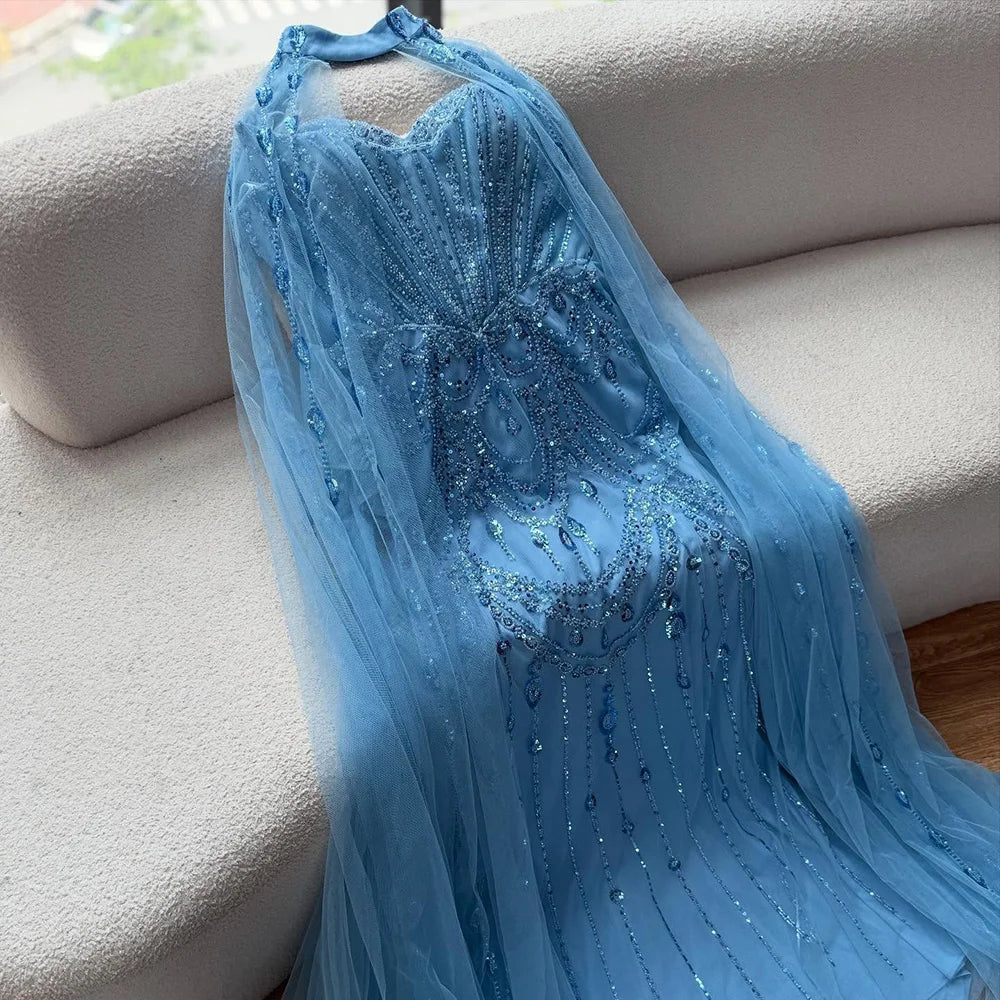 Luxury Blue Sequin Beaded Evening Dress with Cape Sleeves LA73108 - SERENE HILL