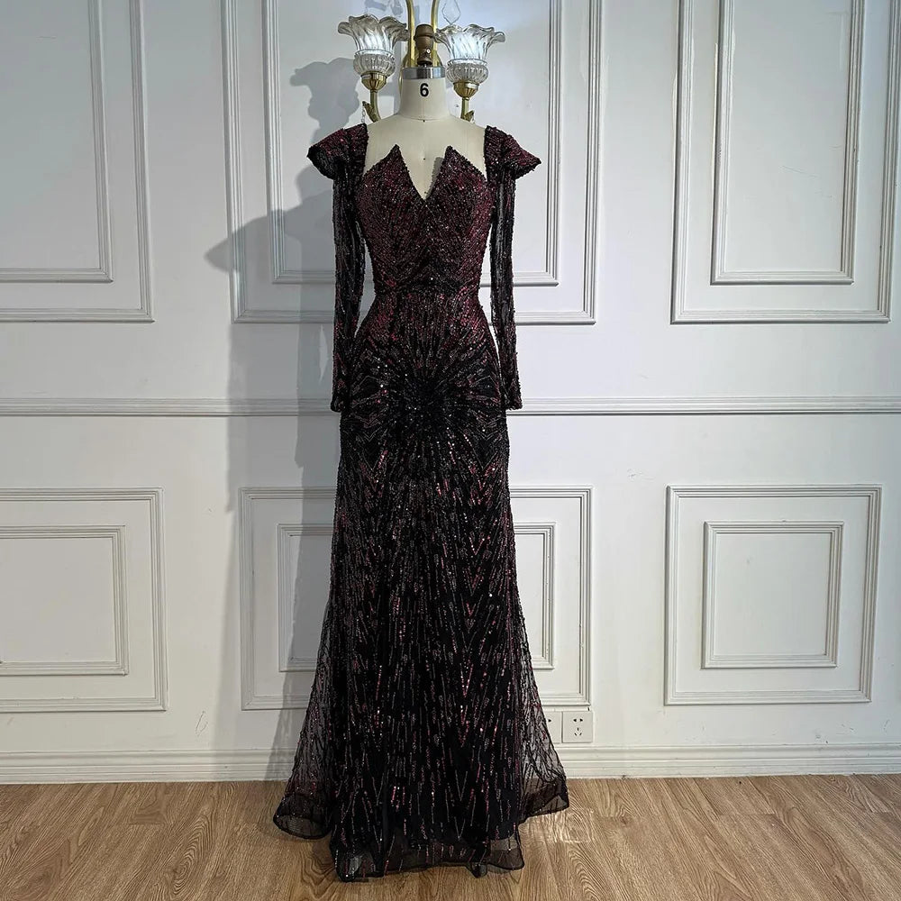 Luxury Wine Red Sequined Long Sleeve Evening Dress LA73126 - SERENE HILL