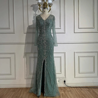 Luxury Turquoise Crystal Beaded Evening Dress Elegant Slit Gown LA73179 - SERENE HILL
