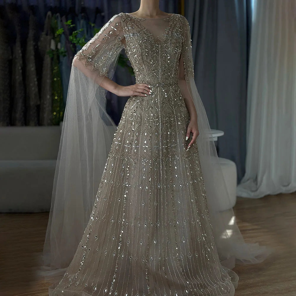 Luxury Blue A-Line Evening Dress with Beaded Cape Sleeves LA72666 - SERENE HILL