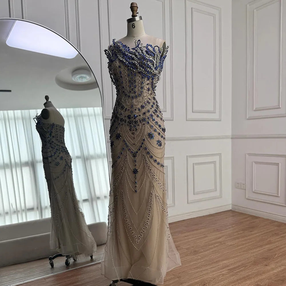 Luxury Blue Crystal Beaded Mermaid Evening Dress LA72760B - SERENE HILL
