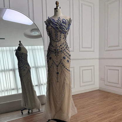 Luxury Blue Crystal Beaded Mermaid Evening Dress LA72760B - SERENE HILL