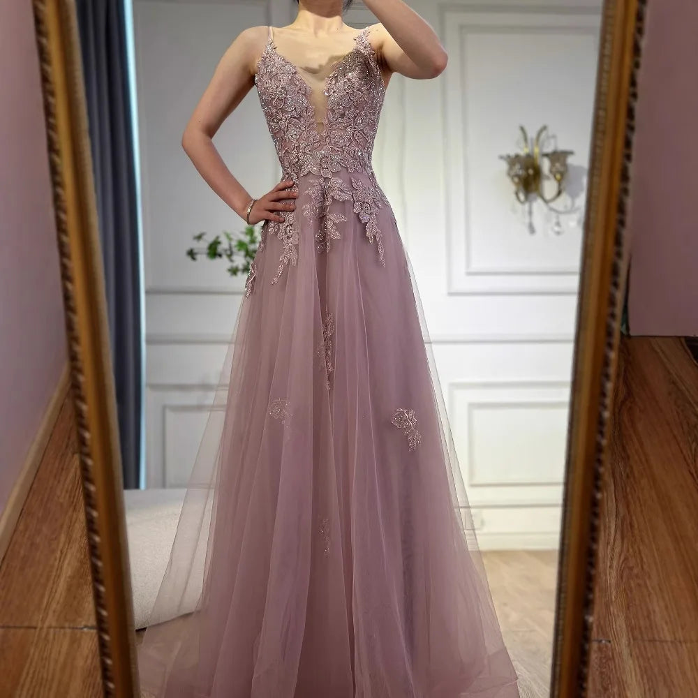 Luxury Sage Green Lace A-Line Prom Dress with Spaghetti Straps LA73005 - SERENE HILL