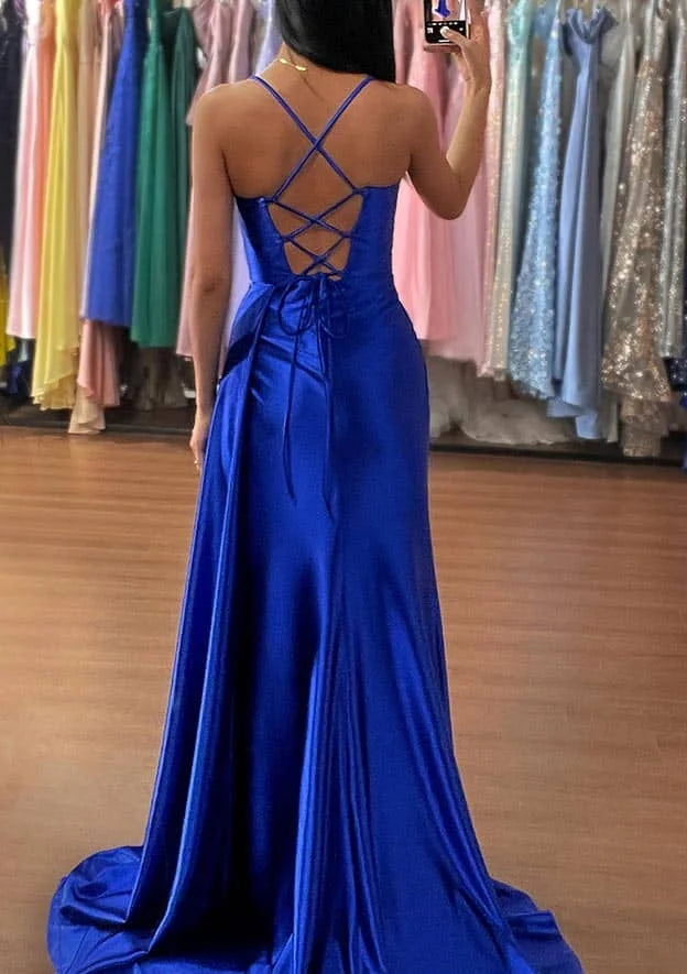 Serene Hill Arabic Blue Mermaid Spaghetti Straps Silk-like Satin Ruched Prom Dress for Women&