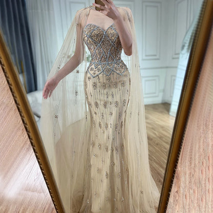 Luxury Dubai Nude Saudi Evening Gown Mermaid Detachable Cape Sleeves Luxury Beaded Dress for Formal Occasion LA72716 - SERENE HILL