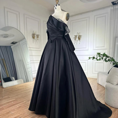 Luxury Black Satin One Shoulder Beaded A-Line Evening Dress LA72741 - SERENE HILL