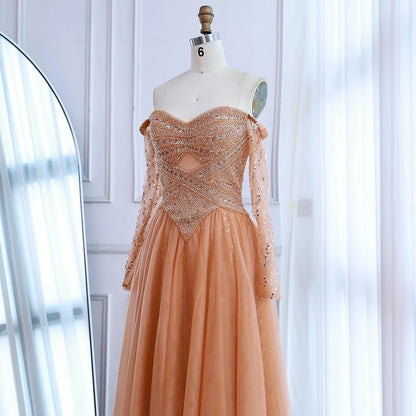 Luxury Nude Off Shoulder A-Line Beaded Evening Dress LA73038 - SERENE HILL