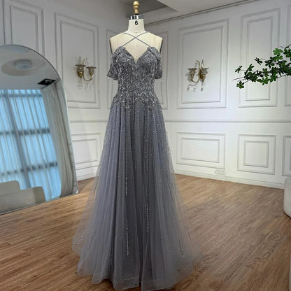 Luxury Arabic Caramel Off Shoulder Beaded A Line Evening Dress LA71606 - SERENE HILL