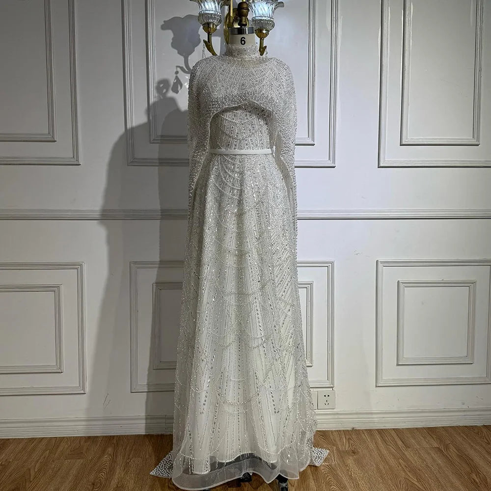 Luxury Modest Sage Green Evening Dress with Pearls LA72032B - SERENE  HILL