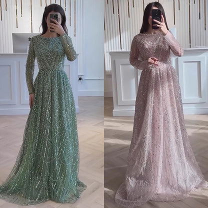 Luxury Olive Green Beaded A-Line Modest Evening Dress Plus Size LA72738B - SERENE HILL