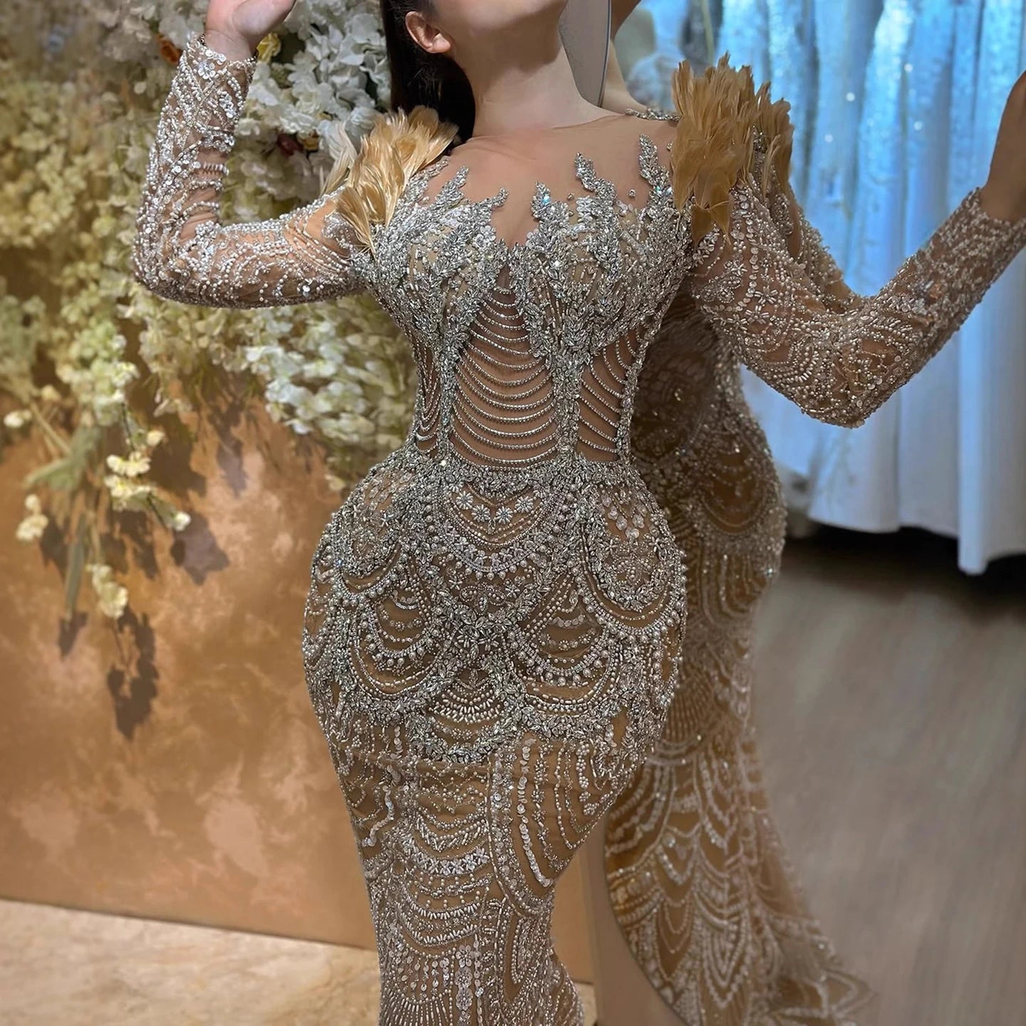 Luxury Nude Beaded Feather Long Sleeve Mermaid Evening Dress LA73348 - SERENE HILL