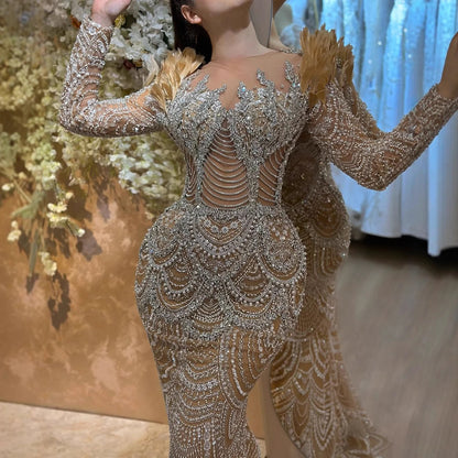 Luxury Nude Beaded Feather Long Sleeve Mermaid Evening Dress LA73348 - SERENE HILL